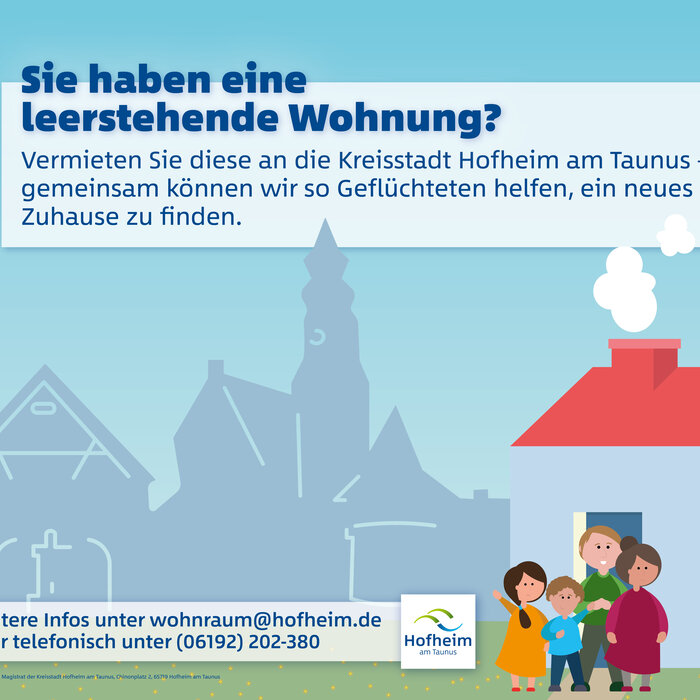 Grafik Familie vor einem Haus im Hintergrund die Skyline Hofheims 