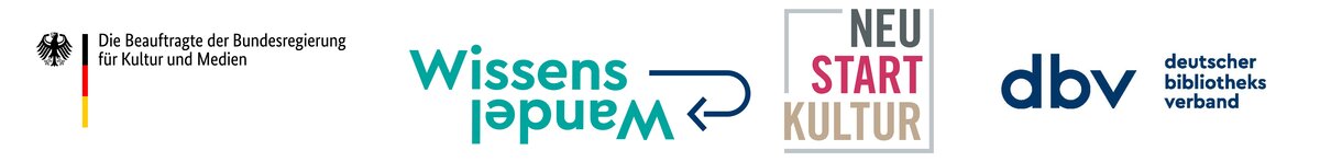 Logos der geldgebenden Institutionen beim Spotlight: Bundesministerium für Kultur und Medien, Wissenswandel, Neu Start Kultur und deutscher Bibliotheksverband 
