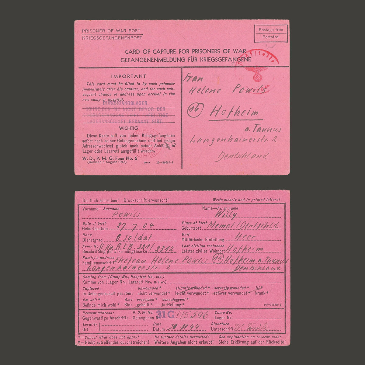 Meldung über die Kriegsgefangenschaft von Willy, 30.11.1944