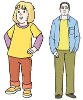 Kind in roter Hose und gelb/lilalen Shirt mit blonden Haaren. Und ein Mann.