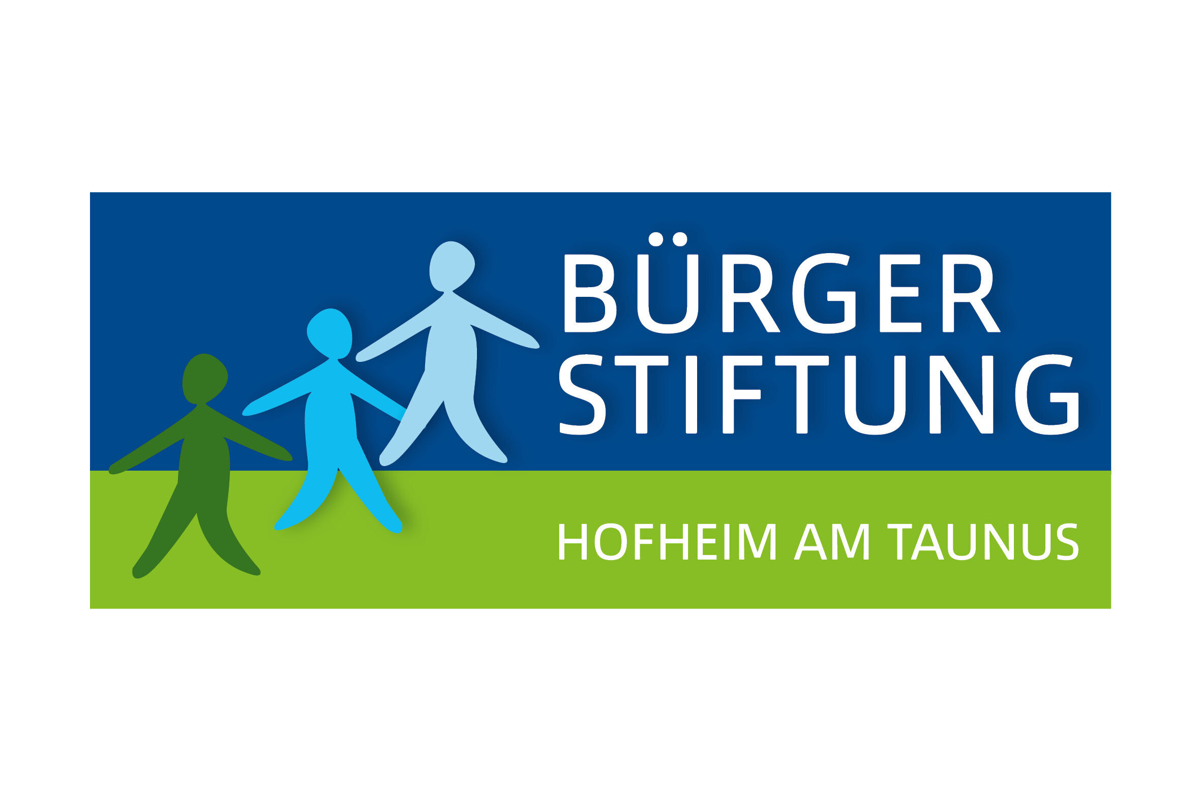 Logo Bürgerstiftung, 3 Figuren und der Titel auf blau-grünen Hintergrund